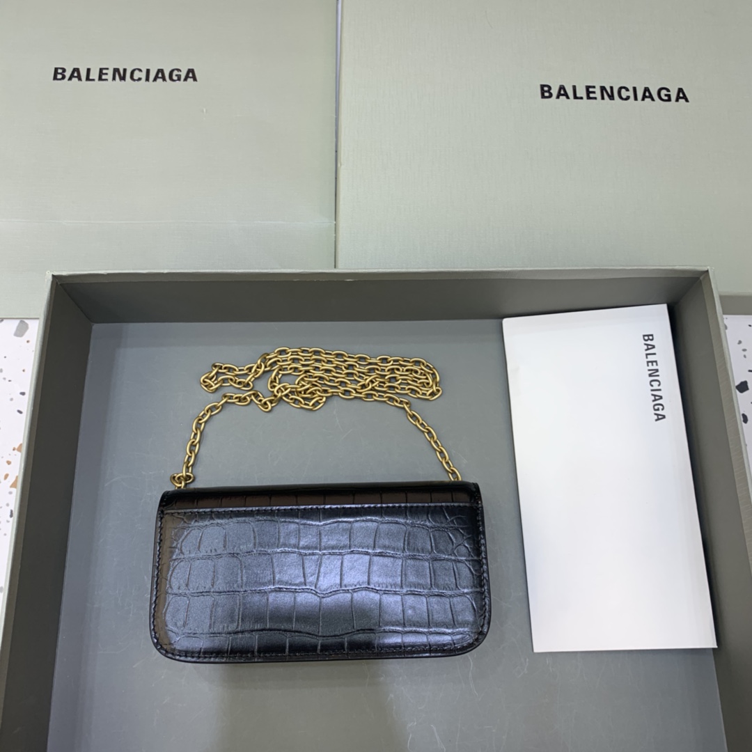 Balenciaga Gossip Wallet on chain Crocodile Embossed Calfskin Shouler Bag Black